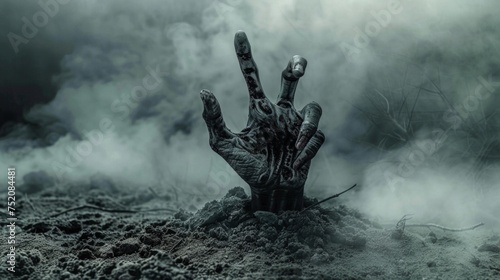 A zombie hand rises from a pile of dirt, showcasing a spooky and eerie scene photo