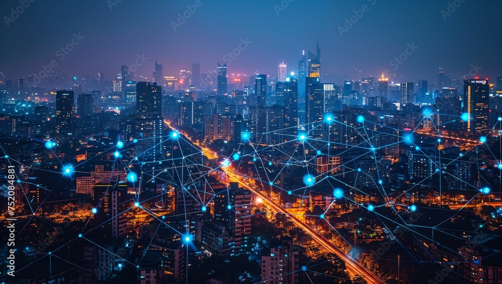 Smart city IoT integration, interconnected devices, urban technology - obrazy, fototapety, plakaty 