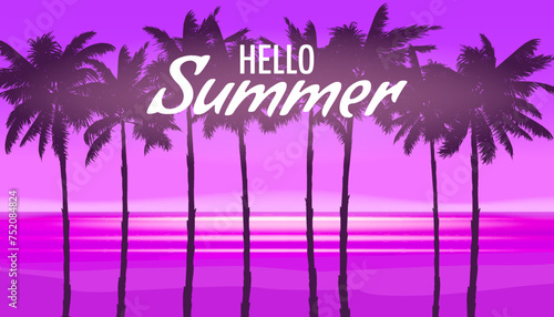 Hello Summer night party coast pink landscape background with palms, design template, flyer. Summertime banner