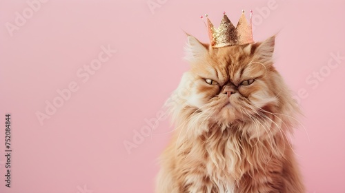 Grumpy Persian cat with crown on pastel pink background