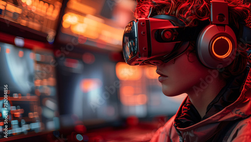 Virtual reality gaming setup, immersive environment, futuristic entertainment