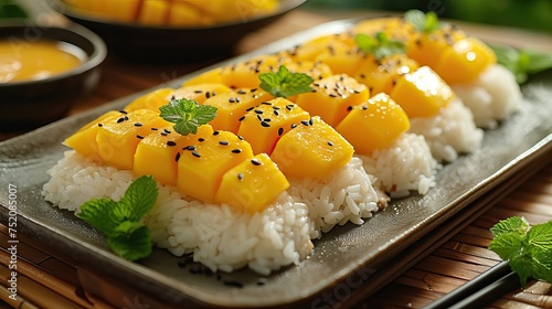 Mango Sticky Rice from Bangkok, Thailand, is a dessert with a combination of ripe mango, sweet sticky rice and coconut milk photo