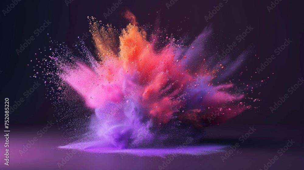 A colorful explosion of pink, purple, red, and orange powder on a black background creates a dynamic and vivid display - obrazy, fototapety, plakaty 