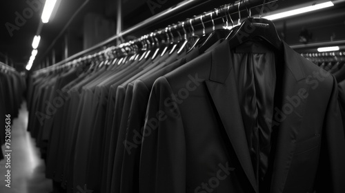 A collection of mens suits hanging neatly on a rack in a room