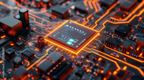 Ineon data flow concept: info symbol on microchip illuminated in orange. Futuristic motherboard with cpu, users connected. 3d render, it technology background