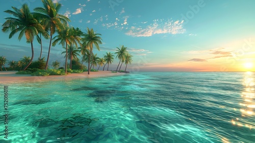 A beautiful beach scene with palm trees and a calm ocean