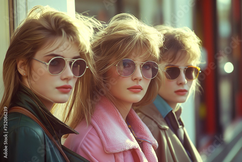 Retro portrait of three fashion women on street in city. Old vintage color film photograph from the 1980s