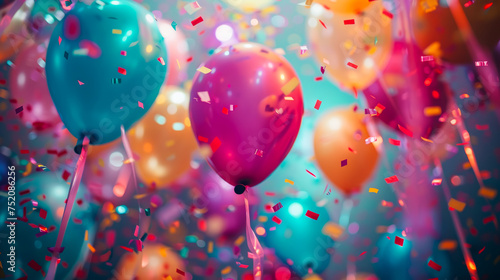 Close-up of vivid balloons surrounded by a shower of sparkling confetti, capturing a moment of joy and celebration.