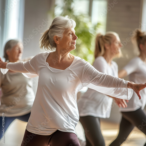 old women performing modern dance during their group training in fitness room