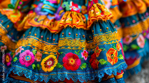 Close-up of traditional Mexican dresses with vibrant floral embroidery, showcasing the rich cultural heritage and artisanal craftsmanship.