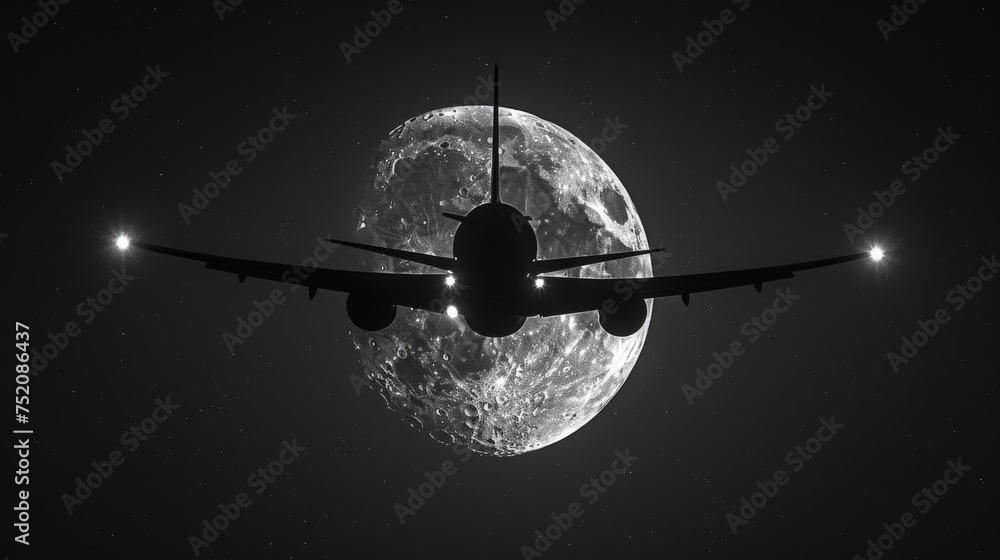 an airplane flying high and slow past a crescent moon, magazine style, candid shots an airplane flying high and slow past a crescent moon, magazine style, candid shots