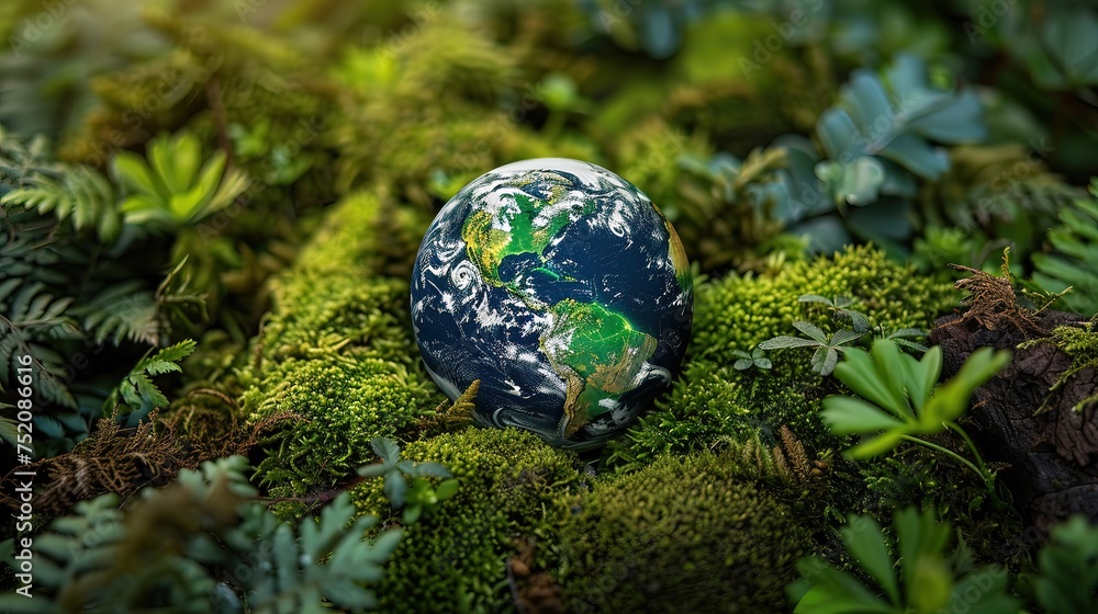 Earth represented by a lush green mosscovered globe Earth represented by a lush green mosscovered globe