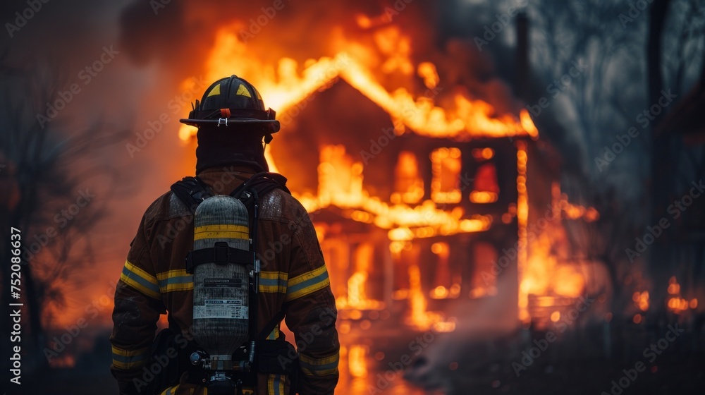Naklejka premium A firefighter stands in front of a house on fire, ready to battle the flames