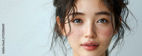 Radiant Youthful Asian Woman against White Backdrop: Skin Care Concept. Concept Portrait Photography, Beauty, Skin Care, Asian Model, Radiant Youthful Looks