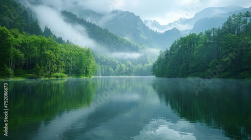 A large body of water reflecting the surrounding forest landscape