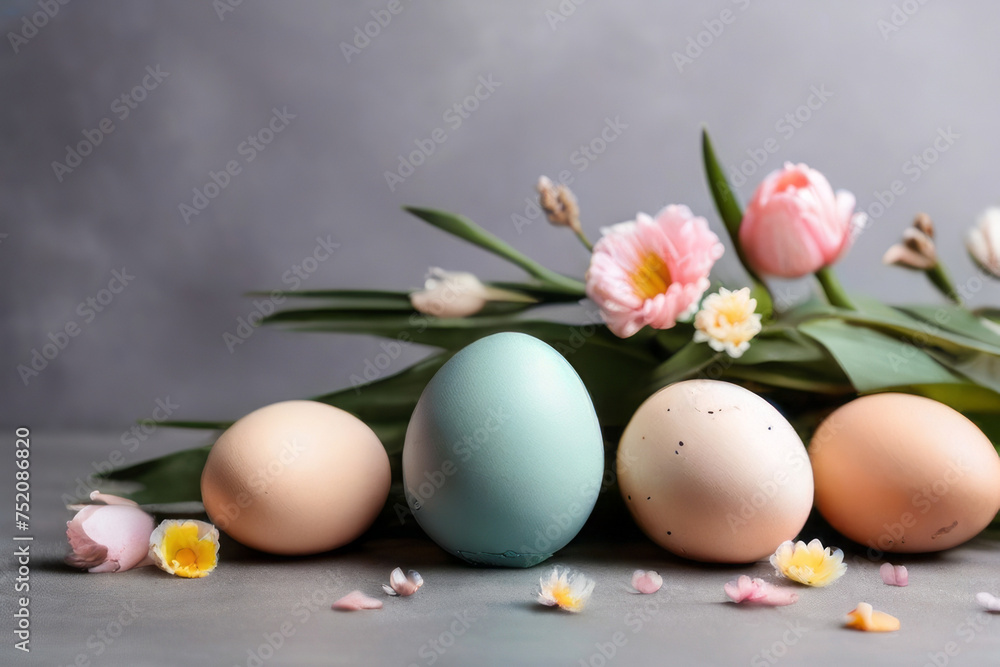 Colorful Easter eggs and blooming flowers on light gray background.