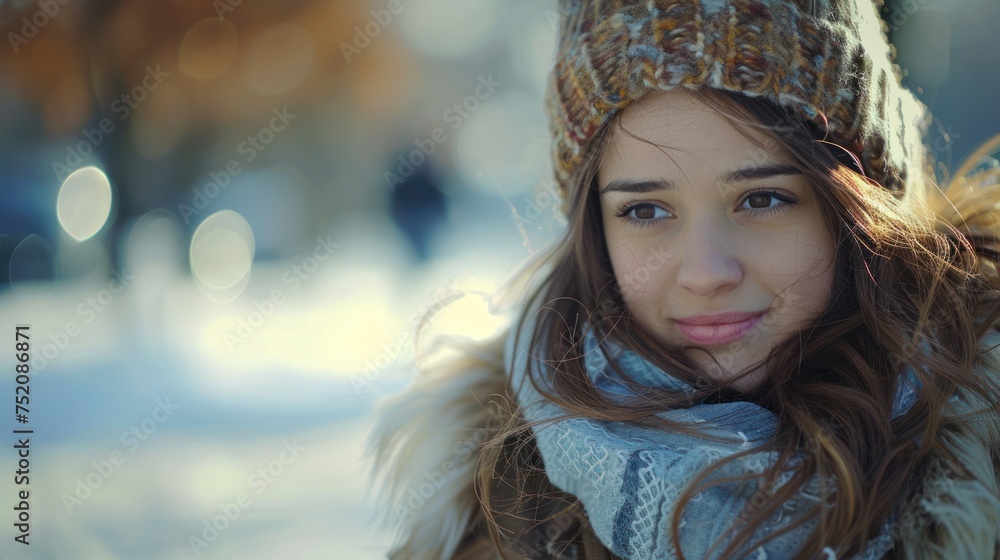 A woman wearing a winter hat and scarf outdoors A woman wearing a winter hat and scarf outdoors
