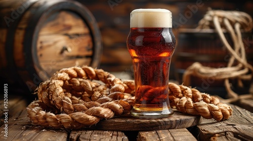 A glass of beer resting on a wooden table