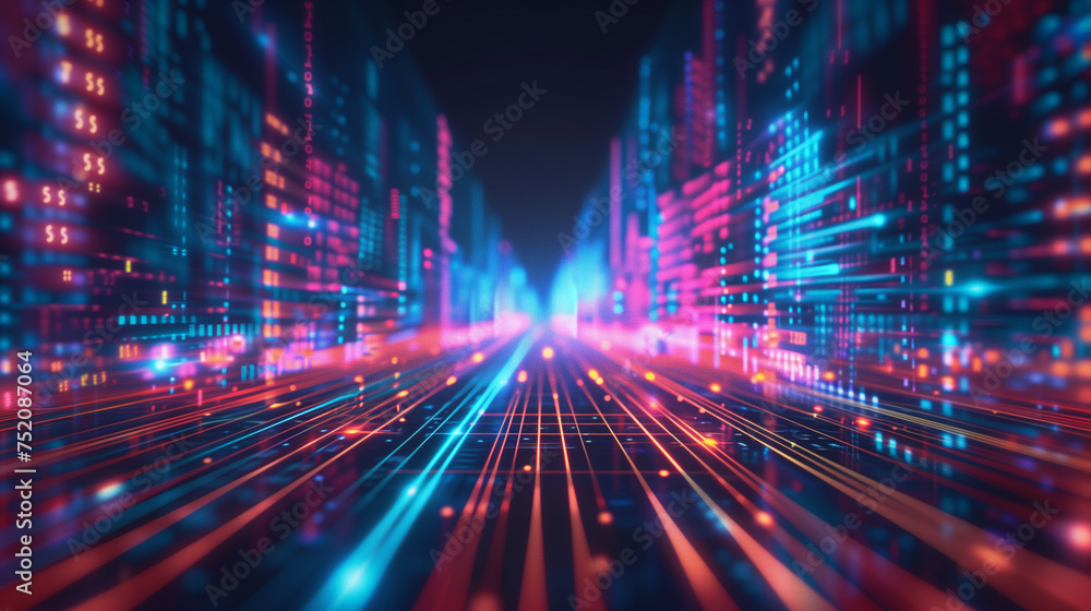 A cityscape with a bright blue line running through it A cityscape with a bright blue line running through it