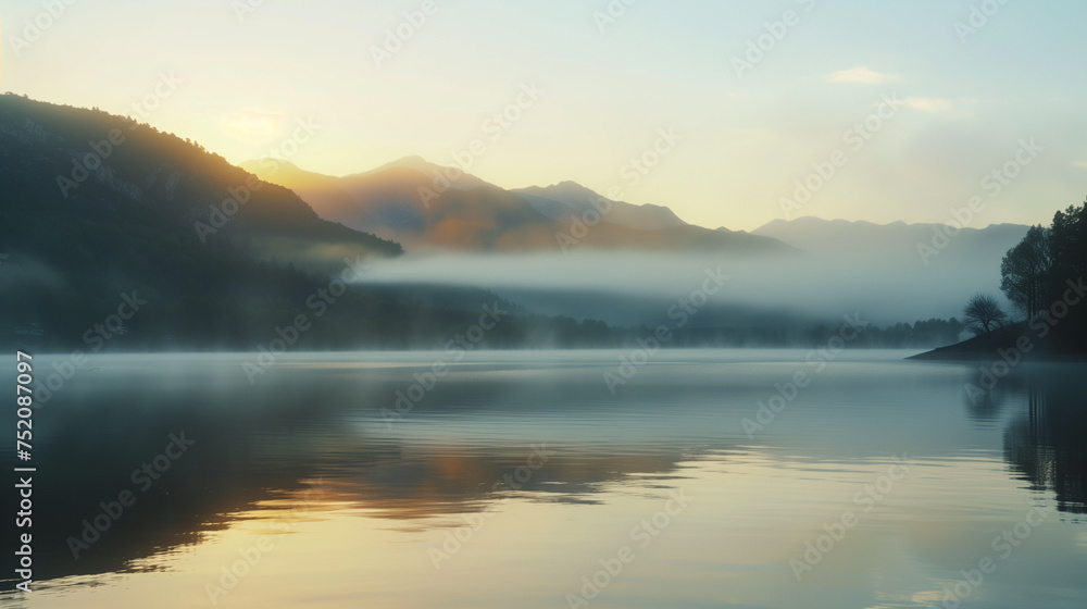 A foggy mountain range is reflected in the calm waters of a lake