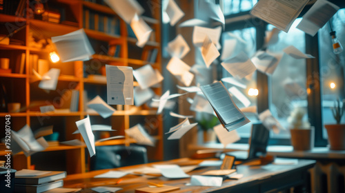 A room with papers flying everywhere, including a desk with a laptop and a potted plant. Scene is chaotic and disorganized