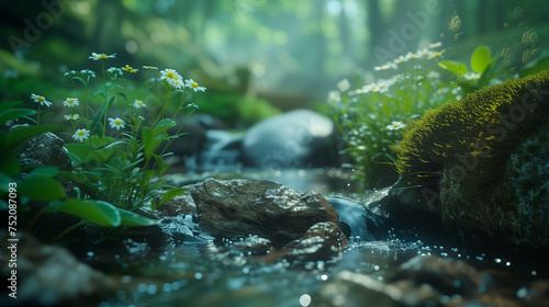 A stream of water flows through a lush green forest  with wildflowers