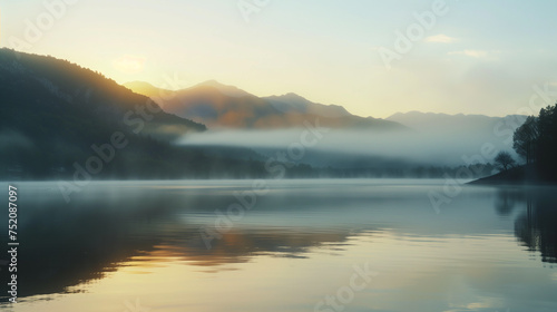 A foggy mountain range is reflected in the calm waters of a lake