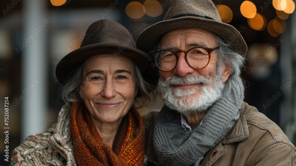 Happy senior couple sharing a warm embrace outdoors Happy senior couple sharing a warm embrace outdoors