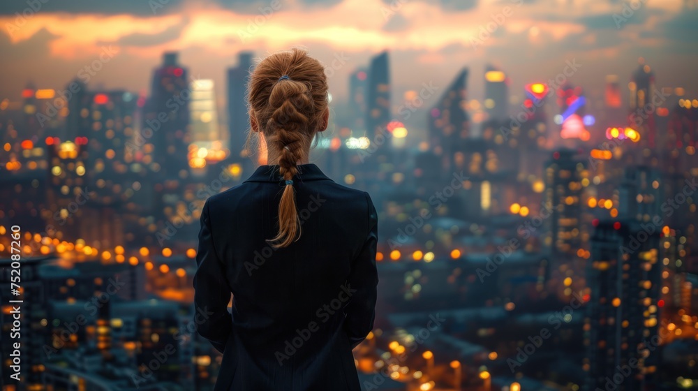 A woman confidently stands on the edge of a skyscraper, overlooking the city below