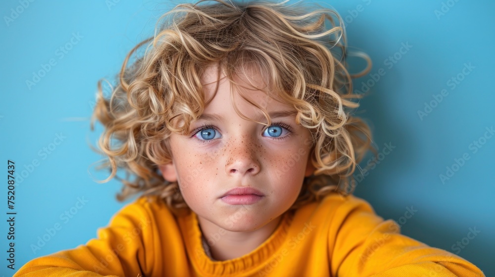 A young boy with curly hair and blue eyes looking at the camera A young boy with curly hair and blue eyes looking at the camera