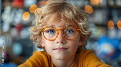 A young boy, wearing glasses, making eye contact with the camera