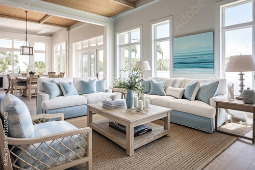 Coastal comfort in a living space adorned with aqua and navy hues  where driftwood-inspired decor and plush white furnishings create a modern retreat inspired by the essence of summer
