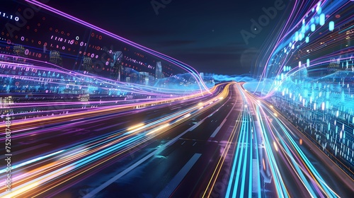 High speed data highway with flowing streams of light representing information 