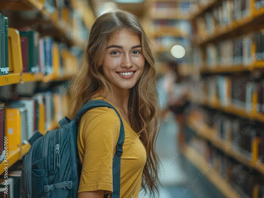 A woman with a backpack standing amidst shelves filled with books in a library A woman with a backpack standing amidst shelves filled with books in a library