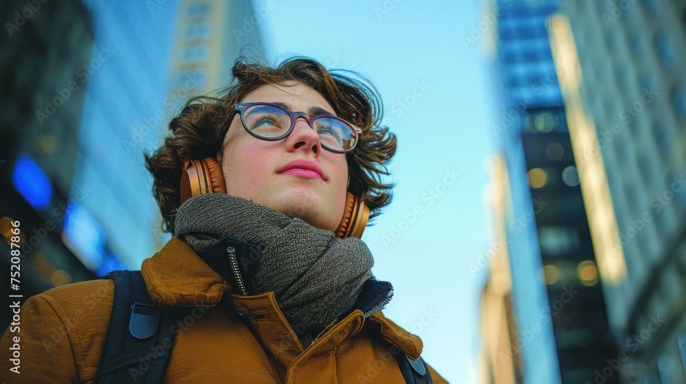 A young man wearing headphones while walking in a city environment A young man wearing headphones while walking in a city environment