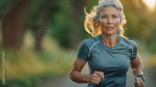 A woman running down a road with trees in the background