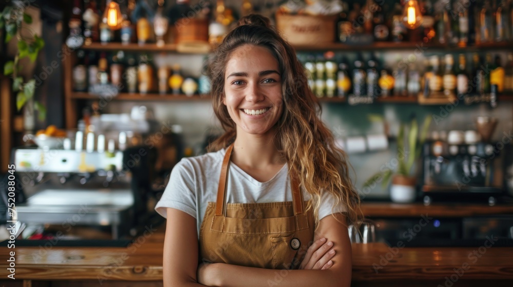 A woman stands with her arms crossed in front of a bar A woman stands with her arms crossed in front of a bar