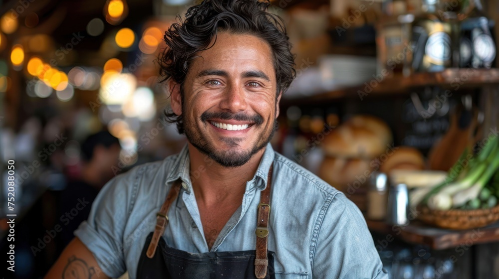 Fototapeta premium A man wearing an apron and sporting a beard smiles at the camera