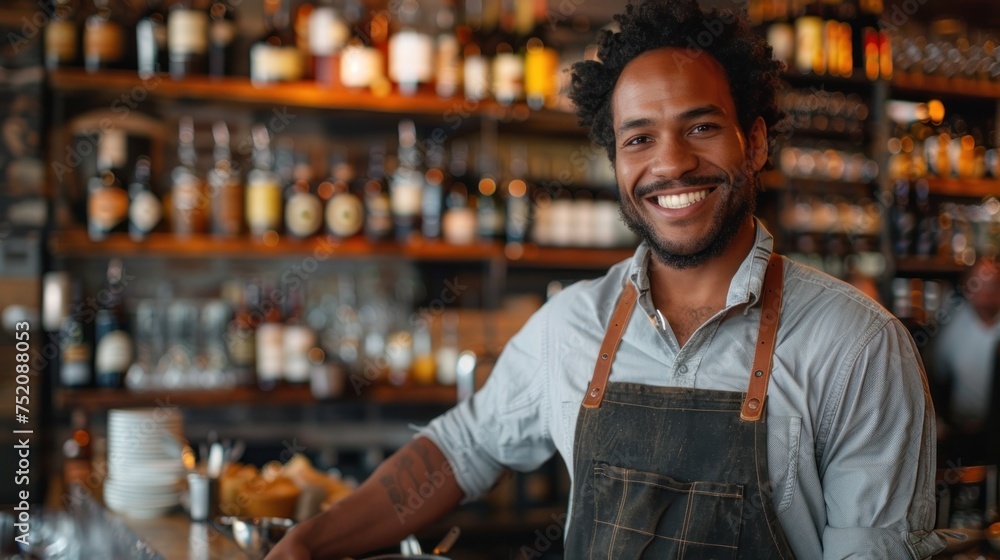 A man wearing an apron stands confidently in front of a bar A man wearing an apron stands confidently in front of a bar