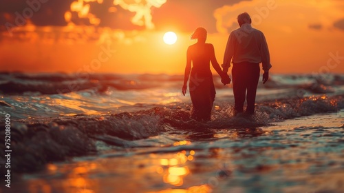 A man and woman are walking in the ocean during sunset