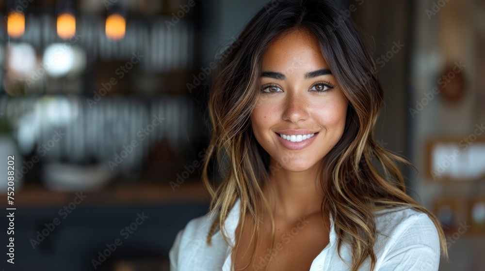 A woman standing with long hair wearing a white shirt A woman standing with long hair wearing a white shirt