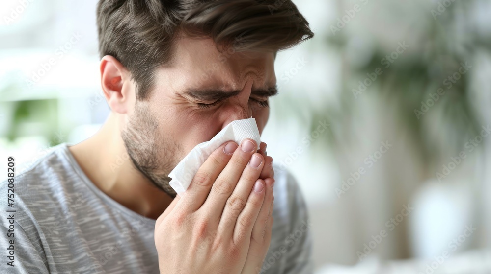 A man using a napkin to blow his nose - obrazy, fototapety, plakaty 
