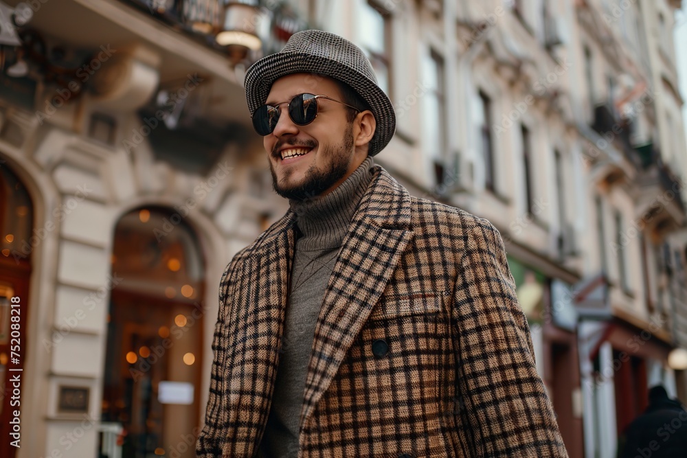 Man in Plaid Coat and Hat Walking Down Street Man in Plaid Coat and Hat Walking Down Street