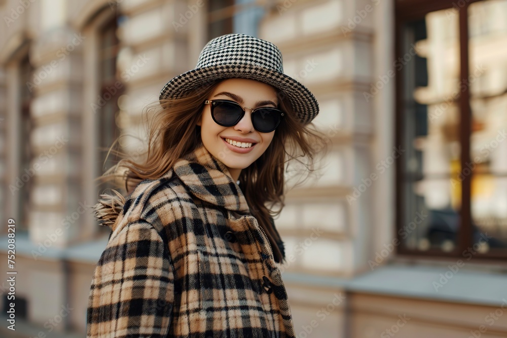 woman in Plaid Coat and Hat Walking Down Street