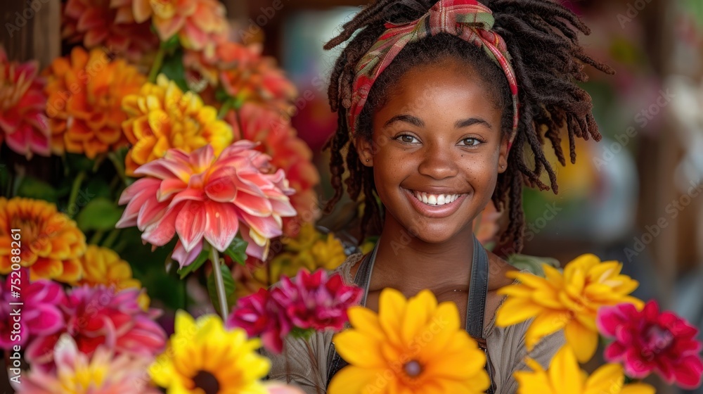 A woman with dreadlocks standing in front of a bunch of flowers A woman with dreadlocks standing in front of a bunch of flowers