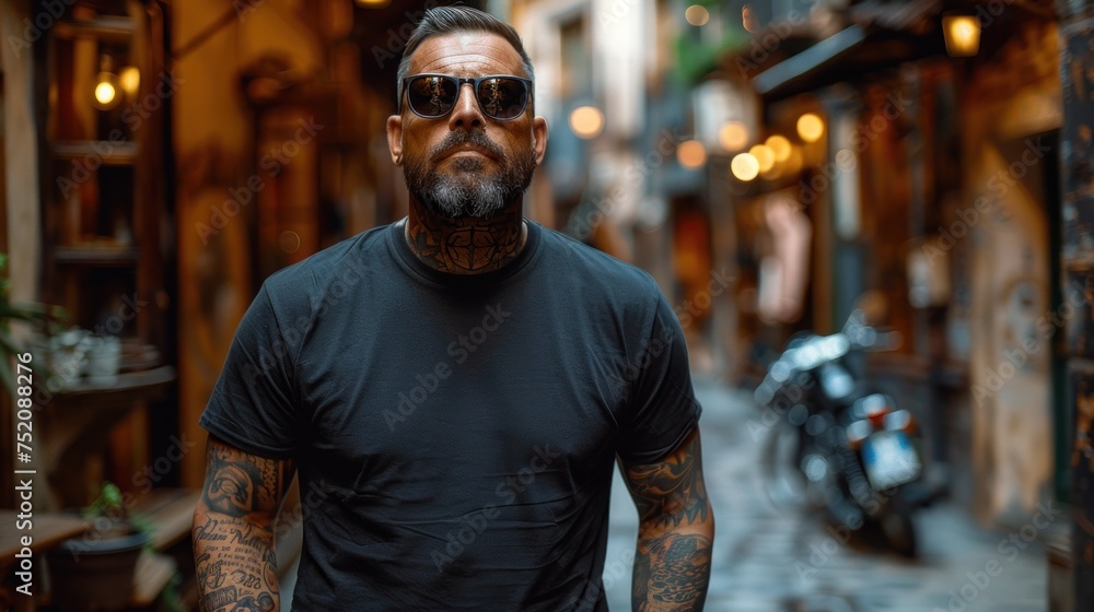 A man with tattoos wearing a black shirt and sunglasses