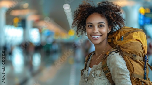 A woman carrying a backpack smiles at the camera