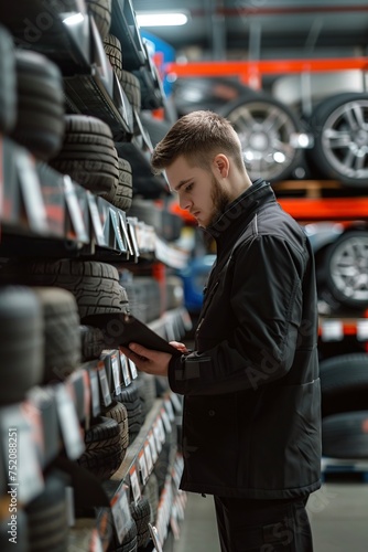 Man Examining Tires in Store