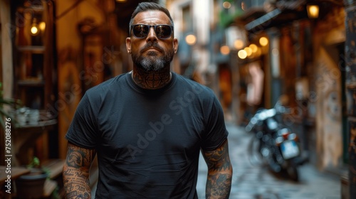 A man with tattoos wearing a black shirt and sunglasses © Viktor