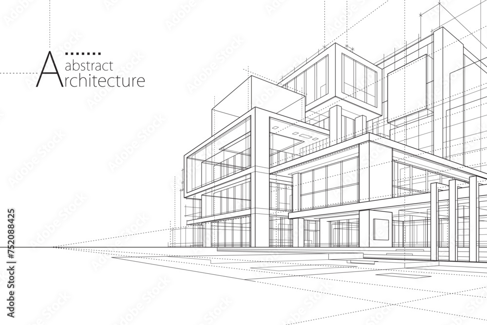3D illustration, abstract modern urban landscape line drawing, imaginative architecture building construction perspective design. - obrazy, fototapety, plakaty 